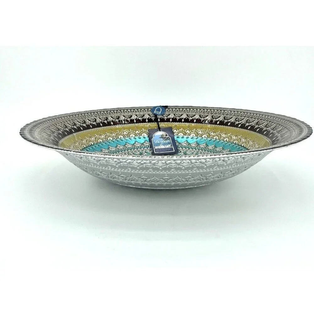 Turkish Glass Round Bowl Dinner Display Multi Color Oriental Lace 16” W XL